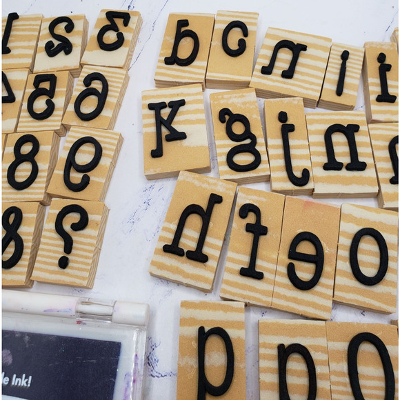 Lot of 30+ Random Letters and Numbers Wood Mounted Felt Stamps With Ink - Picture 3 of 9